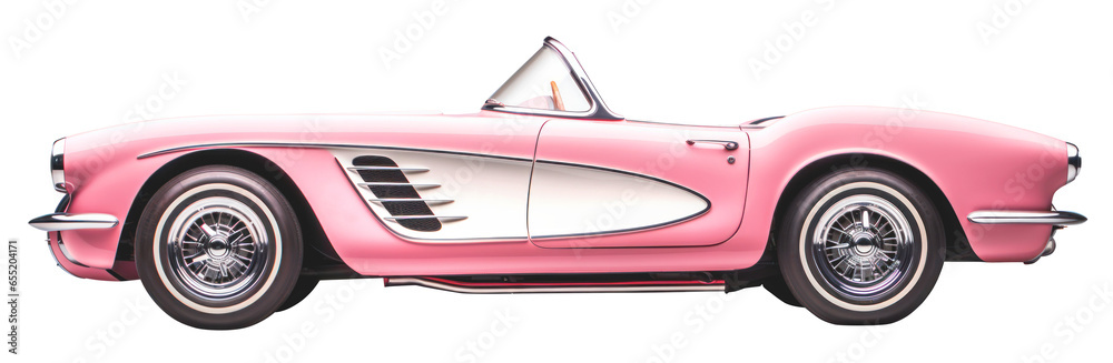 Pink convertible car from popular movie side view, png without background. High quality car for photo zone or montage. - obrazy, fototapety, plakaty 