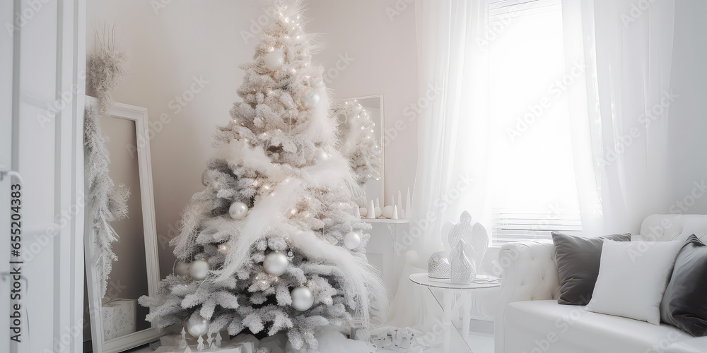 White Christmas tree, fir in white empty contemporary apartment. New Year and Christmas interior mockup. Place for text. Generative ai White Christmas tree, fir in white empty contemporary apartment. New Year and Christmas interior mockup. Place for text. Generative ai