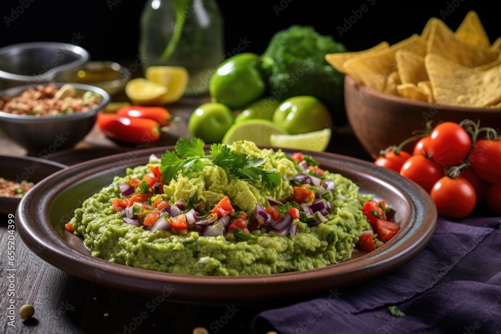 homemade guacamole with nachos on a serving plate