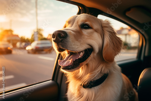 A happy dog traveling in the car