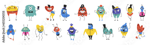 Kid characters. Cute mascots, colorful monsters, tiny emotion stickers, smile emoji creatures for children. Doodle style drawing, kids geometric funny emoticon. Vector cartoon tidy set