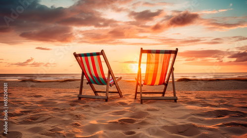 Empty beach loungers on summer holiday in tropical paradise island