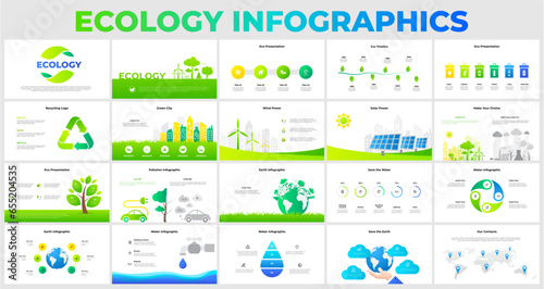 Ecology infographics set. Pollution from car, save the water, earth planet, sorting garbage, recycling logo, solar power and wind generators