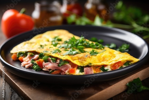 fresh breakfast omelette made from leftover veggies and ham