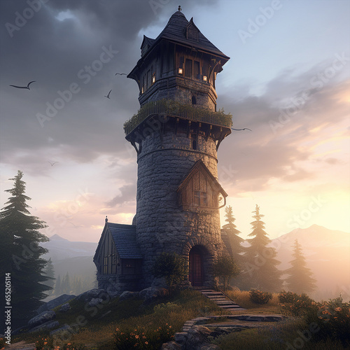 Wizard Tower in fantasy city Generative AI