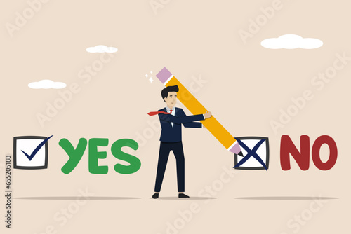 Concept of completed task, checklist of accomplishments or completed projects, yes or no, success checkbox, businessman ticking the box after completing a responsible project.