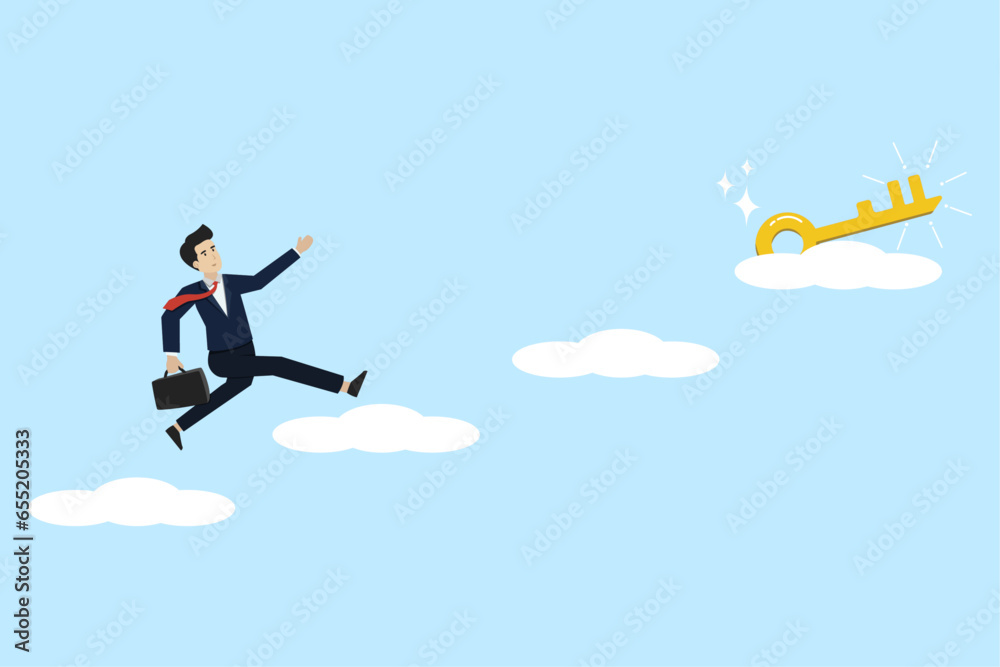 Key to business success, ladder to find secret key or achieve career target, concept of smart entrepreneur climbing the cloud ladder to get the key to success at the top end of the cloud. Key to business success, ladder to find secret key or achieve career target, concept of smart entrepreneur climbing the cloud ladder to get the key to success at the top end of the cloud.