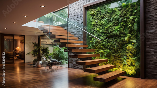 Floating glass staircase alongside a moss-covered vertical garden wall. Eco-friendly home interior design of a modern entryway with bamboo flooring