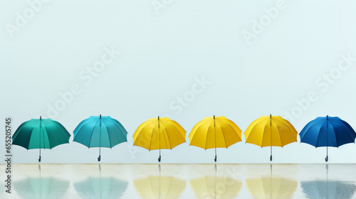 A line of yellow, green, and blue umbrellas propped against a white wall