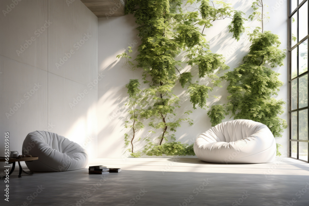 Minimalist white beanbag placed adjacent to an expansive skylight, surrounded by hanging ivy plants and a polished concrete wall. Contemporary design showcasing - obrazy, fototapety, plakaty 