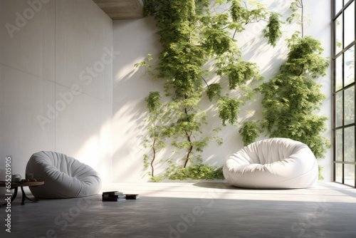 Minimalist white beanbag placed adjacent to an expansive skylight, surrounded by hanging ivy plants and a polished concrete wall. Contemporary design showcasing photo