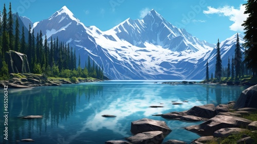 Sapphire Blue Mountain Lake, Alpine Serenity, Majestic Peaks and Tranquil Reflections Game Art © Damian Sobczyk