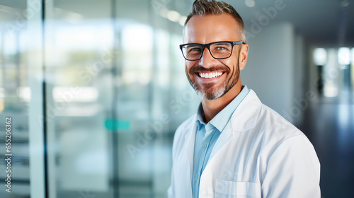 Happy male medic portrait on background of medical clinic with copy space. Doctor, nurse or scientific laboratory worker in uniform and glasses.