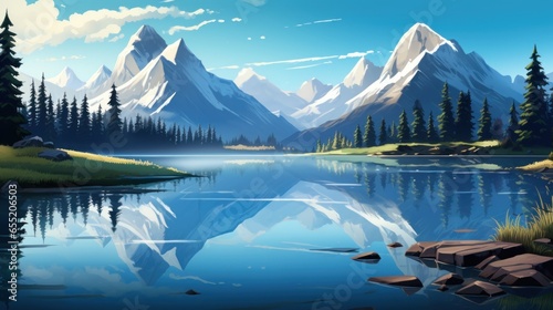 Sapphire Blue Mountain Lake, Alpine Serenity, Majestic Peaks and Tranquil Reflections Game Art
