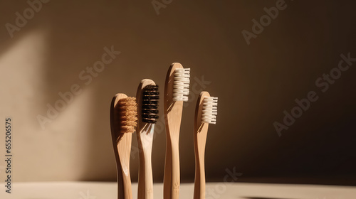 Eco-friendly wooden toothbrushes with natural bristles on beige studio background with copy space. Organic accessories for personal hygiene.  photo