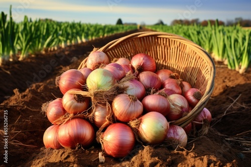 a basket filled with freshly harvested onions in a field