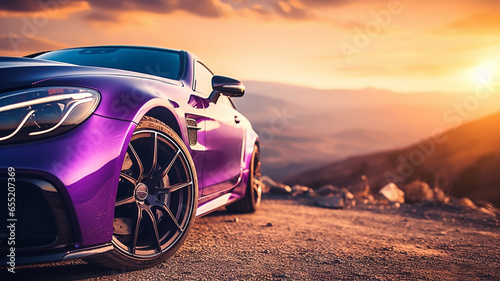 close-up of the headlight and hood of a purple car against a background of mountains