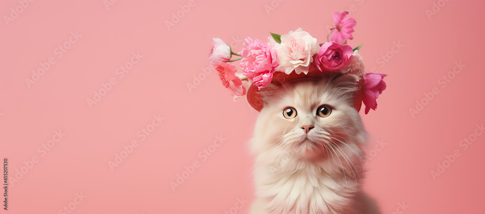 Portrait Cute fluffy cat in hat with fresh spring flowers isolated on flat pink background with copy space, spring sale banner template.  - obrazy, fototapety, plakaty 