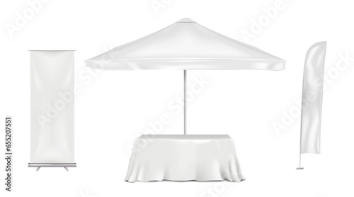 Exhibition set template. Blank white large umbrella parasol, table covered with tablecloth, blade wind event flag, roll-up retractable banner stand. Vector mock-up. Business trade show mockup kit