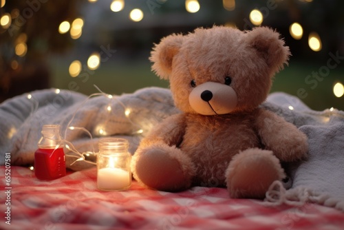 soft bear toy lying on a picnic blanket surrounded by fairy lights © Alfazet Chronicles