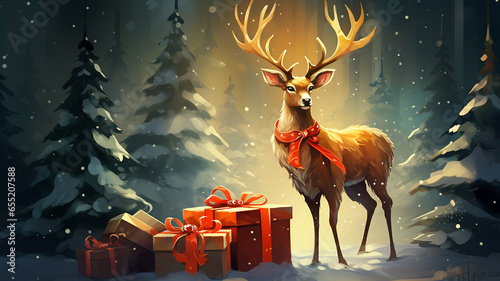 winter card for New Year and Christmas with gifts and a magic deer with a Christmas tree in the snow