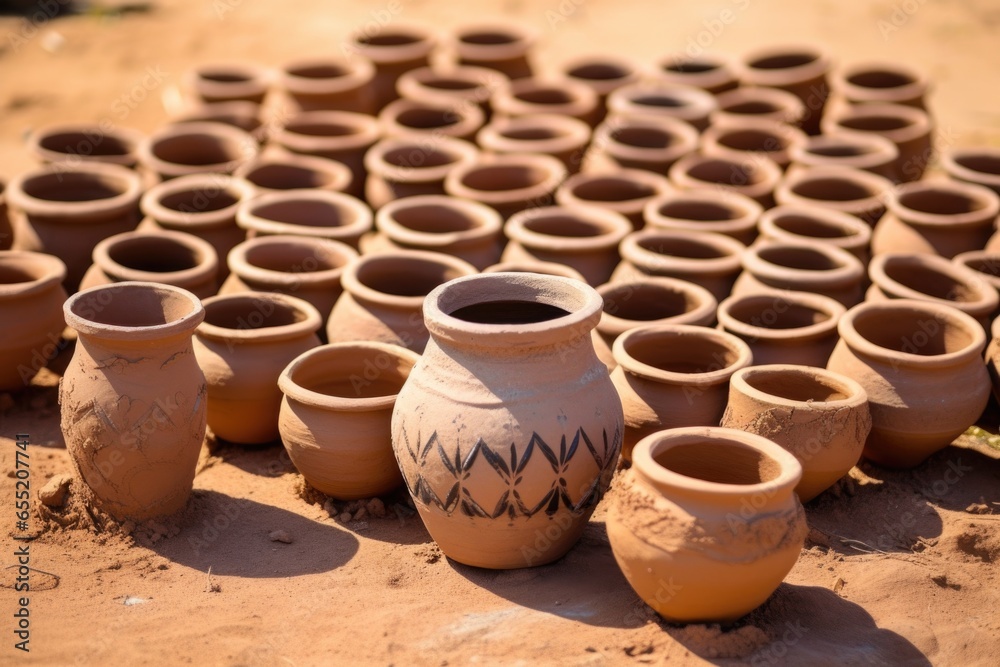 array of small handmade clay pot on the ground