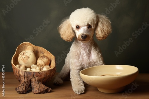 a soft toy poodle next to a pet bowl with a bone-shaped biscuit © Alfazet Chronicles