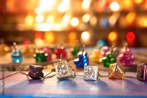 collection of dreidels and gelt on a blurry holiday background