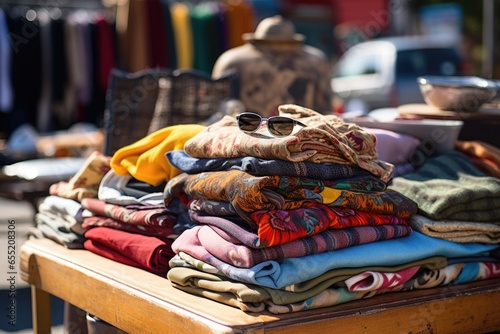 a pile of vintage clothing on a table at a flea market