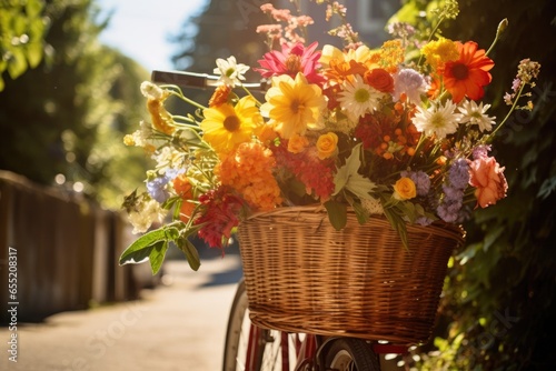 fresh flowers in a basket on a bicycle
