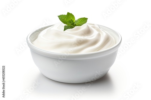 Bowl of sour cream yogurt isolated on white background photo