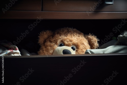 a stuffed toy bear peeping out of a desk drawer