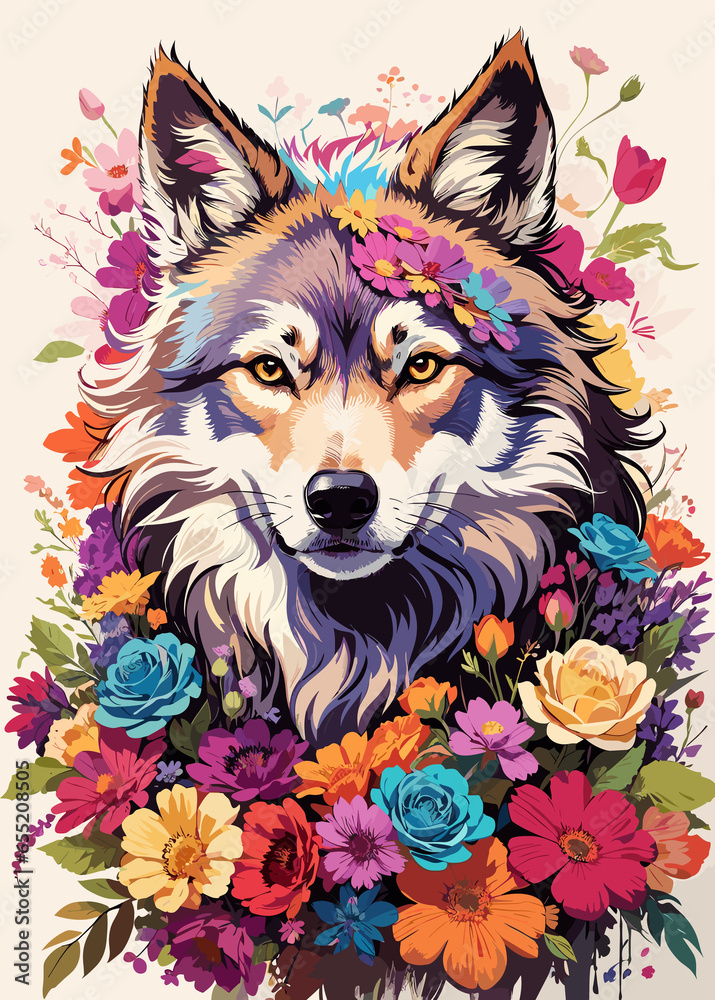 Fototapeta premium Wild Wolf Embraced by Colorful Petals