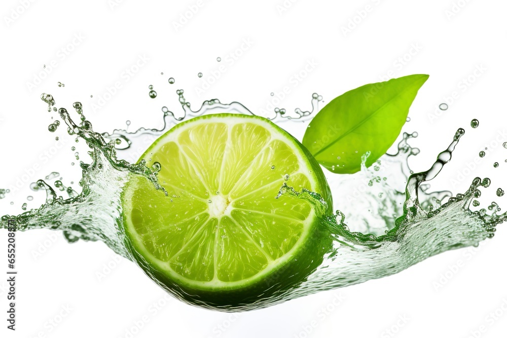 Slice of lime with water splash isolated on white background Slice of lime with water splash isolated on white background