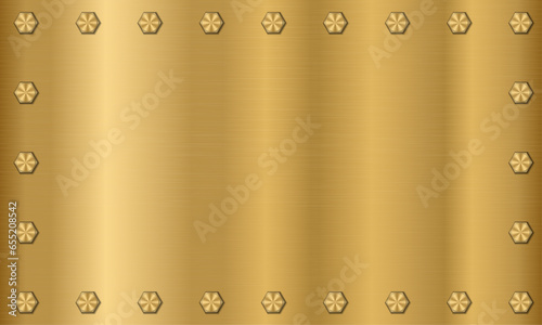 Golden metal texture background with bolts. Gold plate with bolts. Metallic texture effect. Steel background. Vector illustration