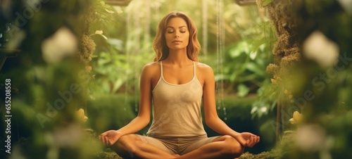 woman doing yogo peacefully zen meditation, ai photo