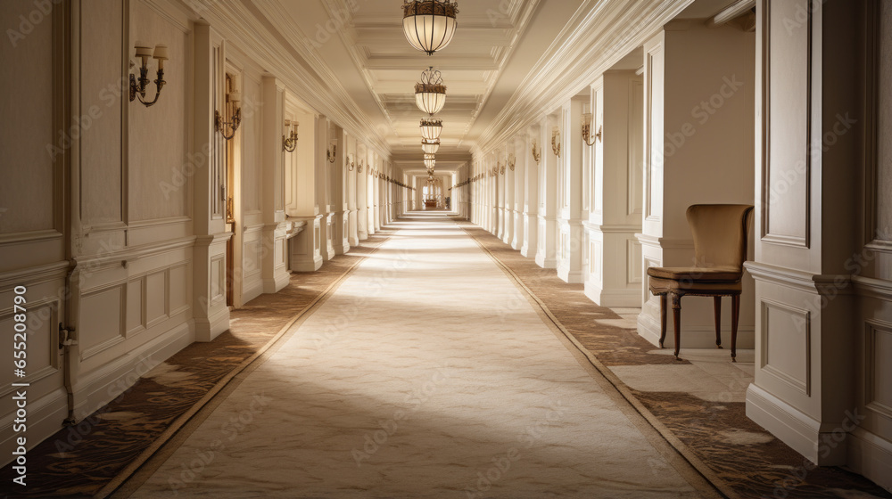 A long, carpeted hallway