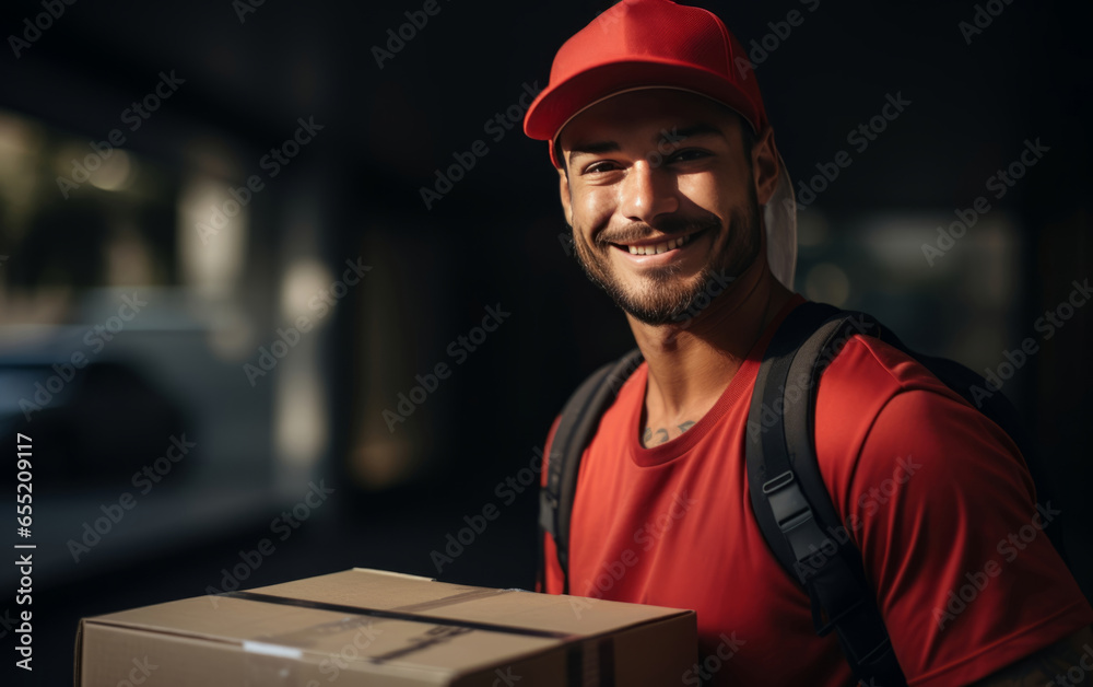 delivery man with parcel box on street background. delivery service, logistics, shipping delivery man with parcel box on street background. delivery service, logistics, shipping