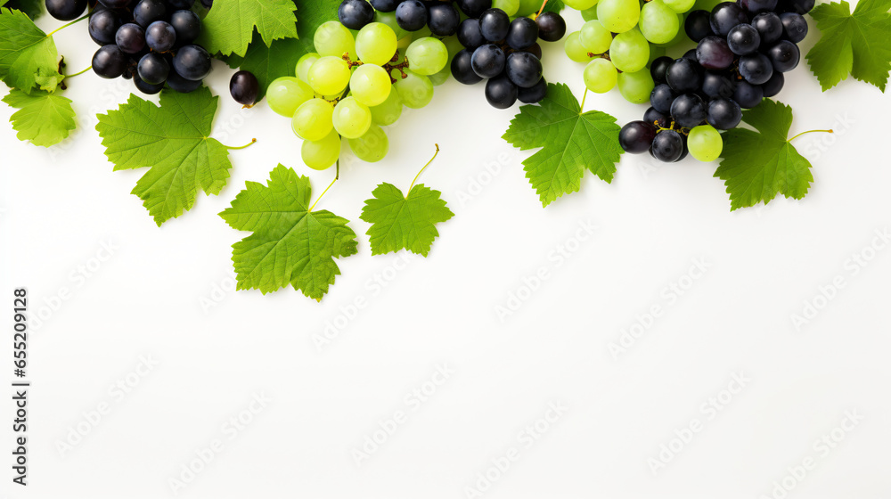 Green and Black juicy grapes on white background. autumn Frame made of grapes. Copy space for text or menu on white wooden background. Fruit berry Frame Border Long web banner - obrazy, fototapety, plakaty 