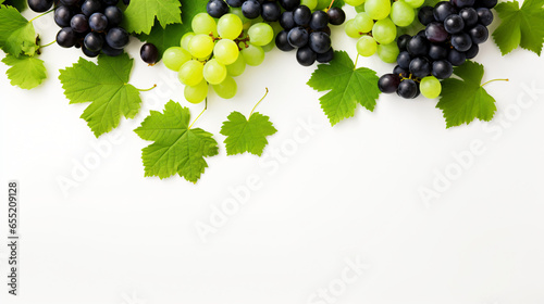 Green and Black juicy grapes on white background. autumn Frame made of grapes. Copy space for text or menu on white wooden background. Fruit berry Frame Border Long web banner