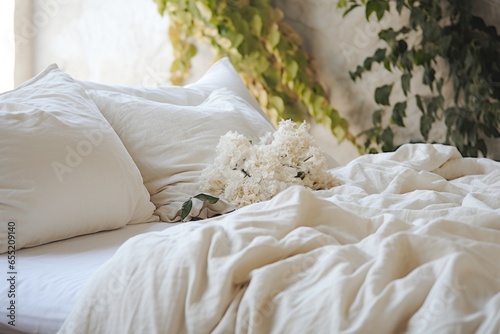 bed with untouched pillows and unruffled sheets photo