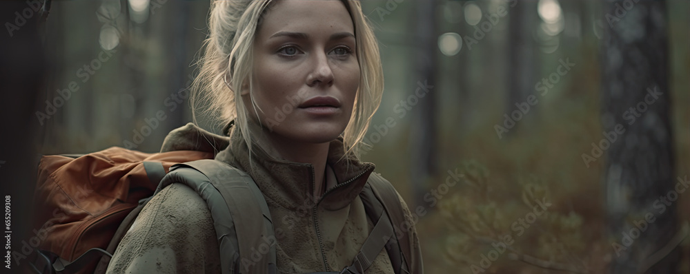 Russian woman in army suit deep in forest. Adventure girl. panorama photo