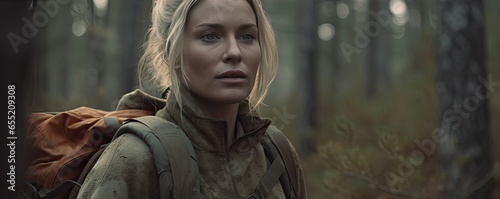 Russian woman in army suit deep in forest. Adventure girl. panorama photo