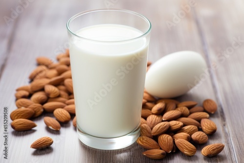 glass of almond milk with scattered almonds in the foreground