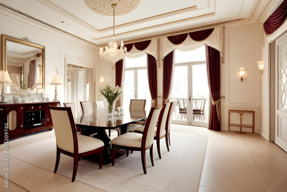 Fototapeta premium General view of luxury dining room with table and chairs
