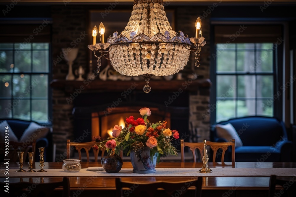 a chandelier hanging above an elegantly set dining table