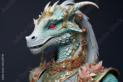 Close up of the head of a dragon statue in a Chinese temple