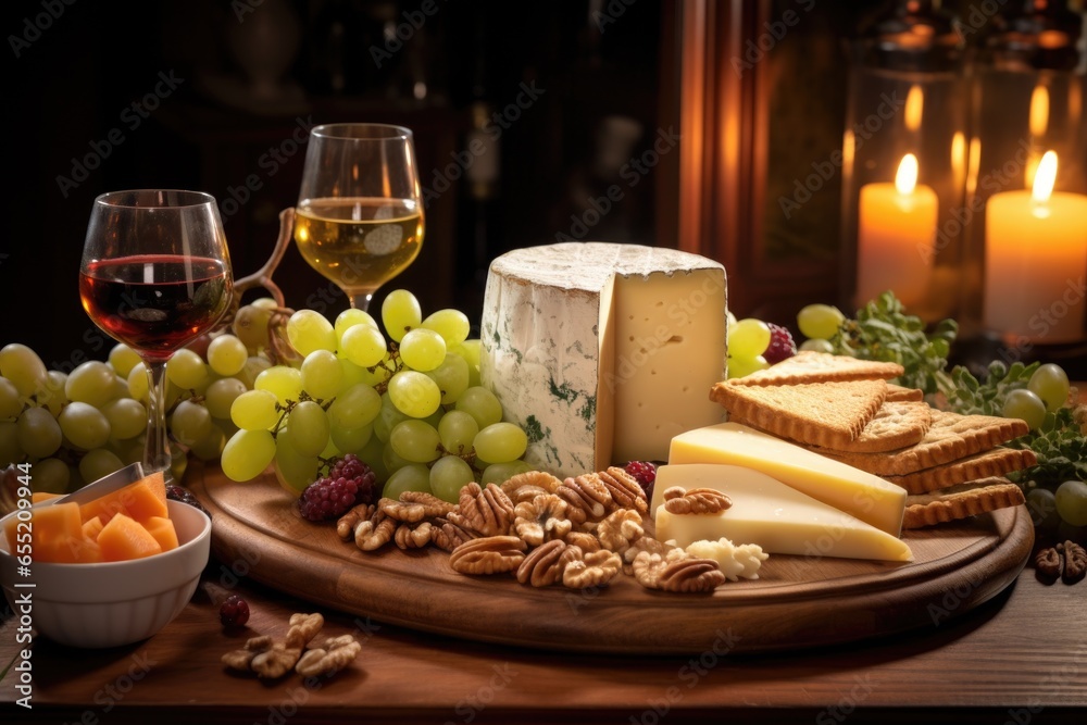 cheese platter with nuts and grapes