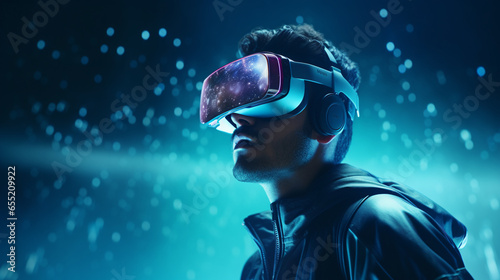 a man wearing virtual reality glasses with a neon blue lighting, background reflects what he sees