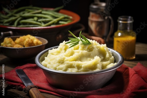fluffy mashed potatoes served in a bowl next to green beans